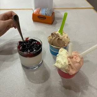 Guava, cheesecake, coffee, gianduia, and coffee gelato with Blueberries panna cotta