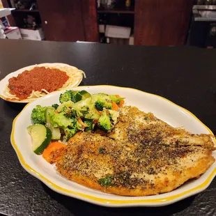 Trout, veggies and added a side of spaghetti with meat sauce.