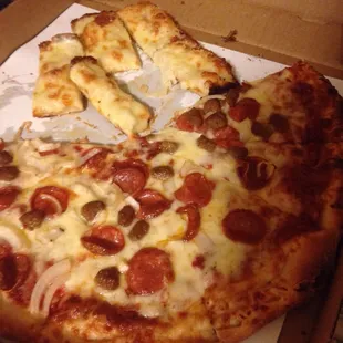 Sausage, onion and pepperoni. Cheese bread