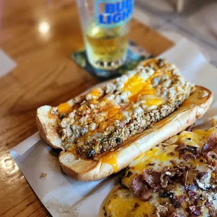 Kickin&apos; Chicken Philly with loaded fries and a $4 Landshark beer on draft