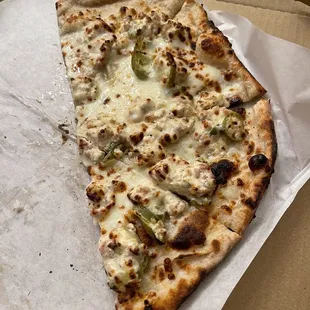 Jalapeño Popper Pizza (pictured: half eaten personal size) these are large enough to share, especially if you get more than one.