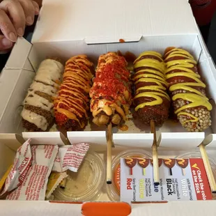 5 piece mega box   Spicy Dog, Potato Dog, Classic Dog, Two Hands Dog, Crispy Rice Dog