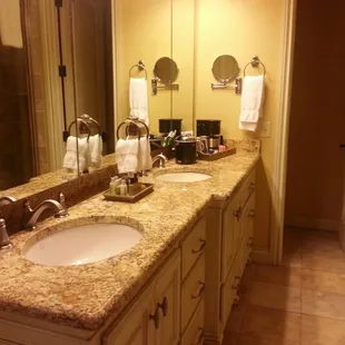 The Venetian. Sink area with coffee and snacks and toiletries.