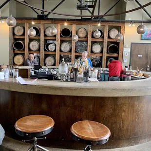 a bar with stools in front of it
