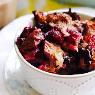 Berry bread pudding served with whiskey Creme anglaise