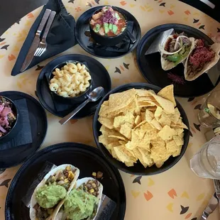 Civiche, brisket tacos, impossible meat tacos, Gouda Mac and cheese, Brussel sprouts, beef fajita taco
