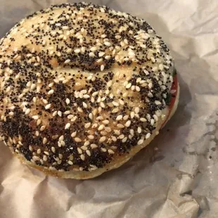 Sourdough everything English muffin breakfast sandwich