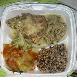 Chicken &amp; Dressing, Cabbage, &amp; Black Eye Peas