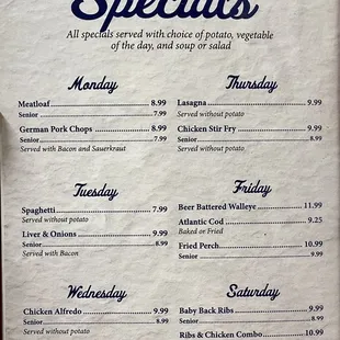 Daily specials menu