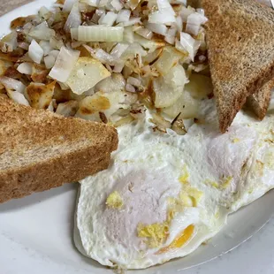 Eggs, American Fries with onions, and toast