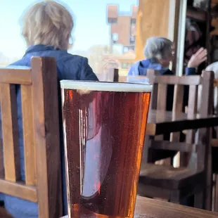 On tap!  Rum River Amber (20 oz for $6) with the BNSF Railroad Lift Bridge in background