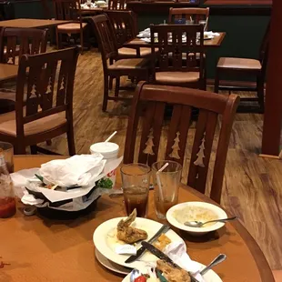 a table with plates of food on it