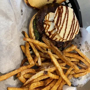 Caprese burger and fries