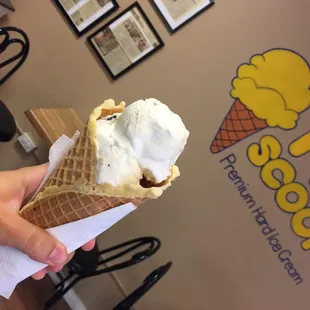 S'more ice cream in a fresh baked waffle cone.