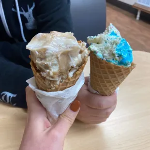 Rootbeer float and birthday cake in waffle cones