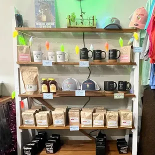 a shelf of coffee and other items