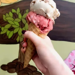 a hand holding a cone of ice cream