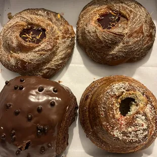 My selection Triple chocolate brioche, cacio de pepe brioche, Strawberry five spice croissant