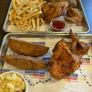 Two piece, white meat, chicken, both original and spicy with potato wedges, french fries and jalapeño mac &amp; cheese