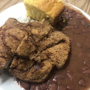Fried pork chop, red beans and rice