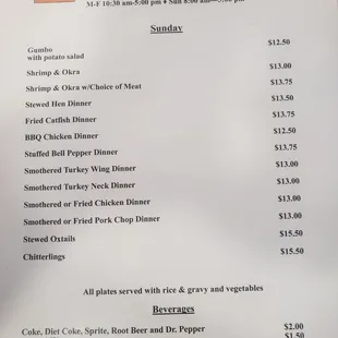 Sunday menu