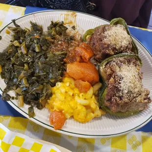 Stuffed peppers greens, Mac n cheese, rice and gravy
