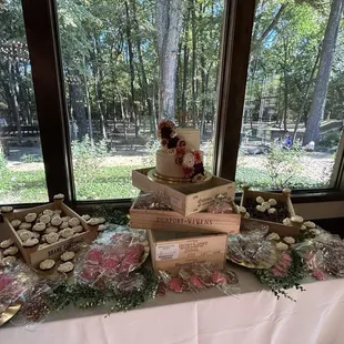 The set up of the cake and cupcakes on the dessert table