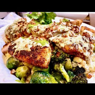 Brined Chicken thighs, Cilantro cream, Brussels sprouts