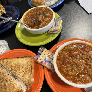Two tuna sandwiches and stuffed pepper soups