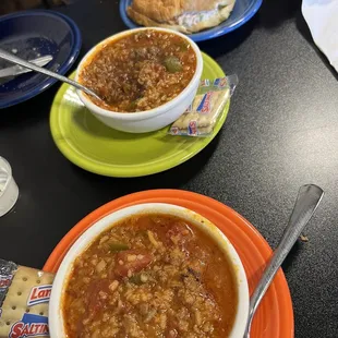 a bowl of chili and a bowl of soup