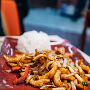 Teriyaki chicken served on a HUGE plate