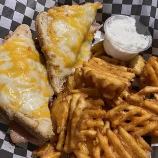 Baked Hot Ham &amp; Cheese with Waffle Fries