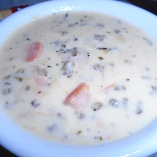 Chicken wild rice soup, close-up.