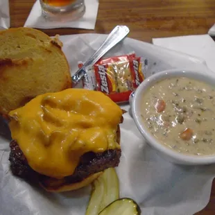 Basic bacon cheese burger with chicken wild rice soup.