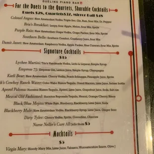 Drink menu