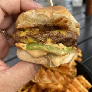Cheeseburger slider and waffle fries