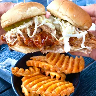 Pork sliders and waffle fries