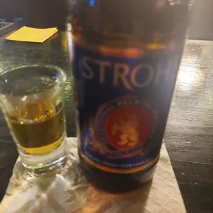 Stroh's Beer and a shot of Skrewball PB Whiskey