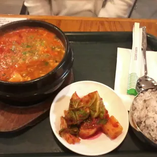 soondooboo w/ seafood, kimchi, purple rice( say wahhttT??)