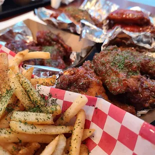 Fries, Garlic Soy wings..... so tasty