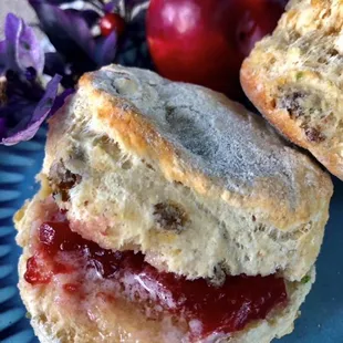 Jalapeno-cheddar sausage and smoked Hatch chile flake biscuit with fresh plum butter