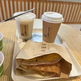 Double egg pancake and a hot soybean milk + cold soybean milk