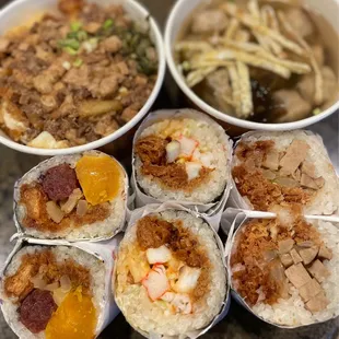 Brine Meat Rice, Wanton Soup Taiwan Roll, Seafood Roll, Vegetarian Roll