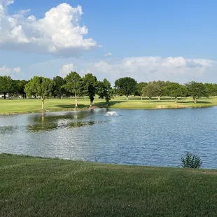 a pond and golf course