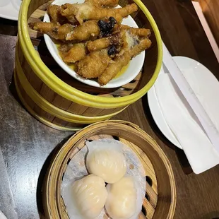 Chicken feet (top) and har gow (bottom)