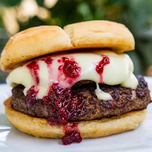 a cheeseburger with raspberry sauce