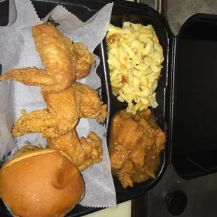 Tyemeka&apos;s fried chicken wing Mac &amp; cheese , sweet yams