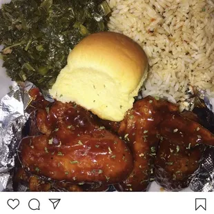 BBQ sticky wings greens rice and gravy