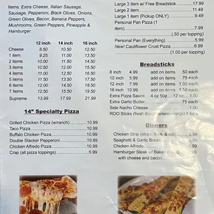 a menu for pizza