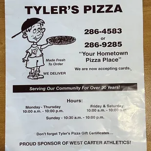 a menu for a pizza restaurant